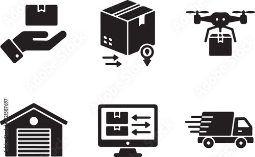 Logistics and delivery service icons set including package handling, drone delivery, warehouse, tracking, and fast shipping