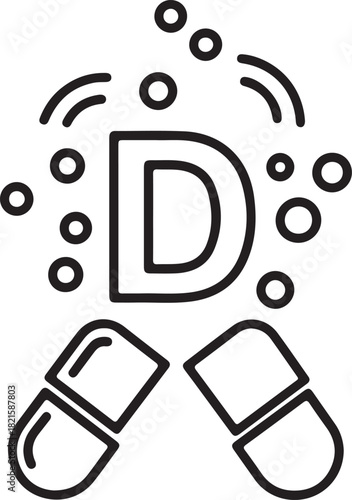 Vitamin d supplement concept showing the letter d, particles, and two open capsule pills, representing essential nutrition, health, and wellbeing
