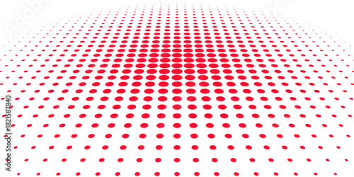 Polka dot pop art halftone pattern. Red dots on white background. Modern bright festive wide vector illustration. Abstract curves. Points backdrop. Bright colors dotted spotted