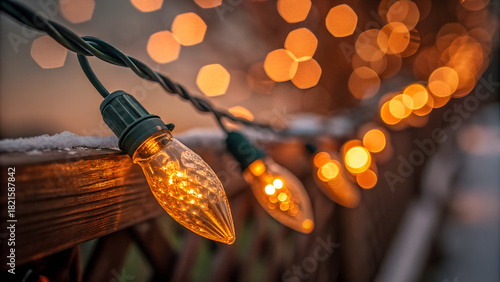 String of warm holiday lights glowing on wooden fence at dusk  