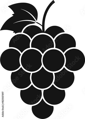 Black silhouette icon of a grape bunch with a single leaf, symbolizing fruit, wine, harvest, and healthy food concepts, perfect for web design and app ui.