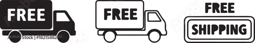 Set of free shipping and delivery truck icons, including solid and outline designs, and a free shipping badge