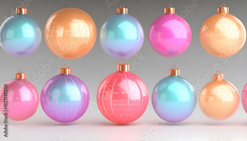 Groovy Retro Repeat, Christmas: Festive ornaments glow with neon light, creating funky and psychedelic pattern, radiating delightful disco vibe