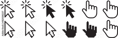 Collection of various mouse cursor icons including arrow and hand pointers, representing clicking and selection