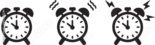 Collection of simple black and white alarm clock icons illustrating different alarm states, from silent to ringing