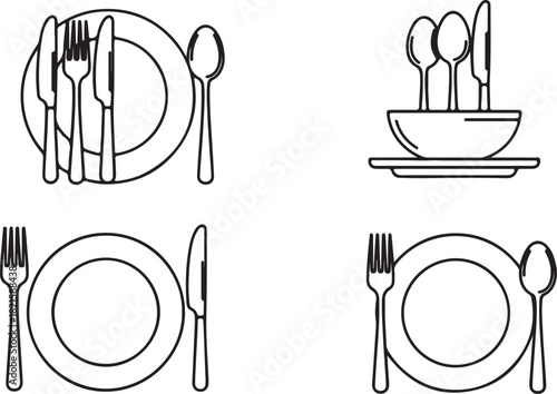 Collection of black and white line art illustrations showing various table settings with plates, forks, knives, and spoons for dining