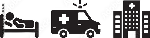 Medical emergency and healthcare icons set, featuring a patient in bed, an ambulance, and a hospital building