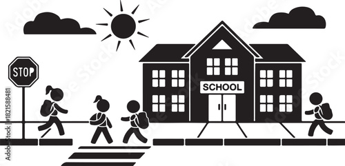 Vector illustration of young students walking to and from school, safely crossing the road at a designated crosswalk with a stop sign
