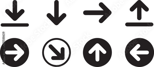 Black arrow icons set for web and app navigation, featuring download, upload, and directional pointers