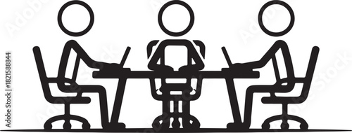 Three stick figures working on laptops at a meeting table, symbolizing business, teamwork, and collaboration