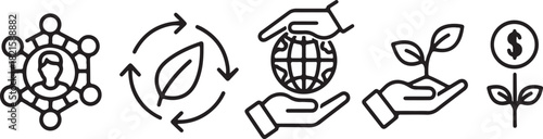 Line art icons representing sustainability, community, global responsibility, environmental protection, financial growth, and green investment concepts