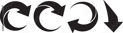 Set of black arrow icons, including three curved refresh or reload arrows and one straight downward pointing arrow