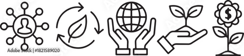 Set of line icons for community, recycling, global care, plant growth, and financial sustainability