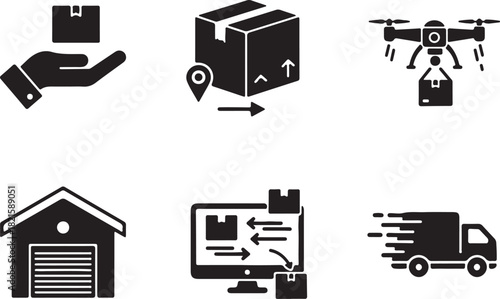 Modern logistics and delivery service icons featuring drone, truck, warehouse, and online order tracking for efficient global shipping solutions