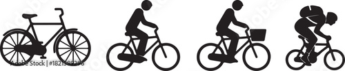 Black silhouette icons of various bicycles and cyclists, depicting different riding styles and bike types