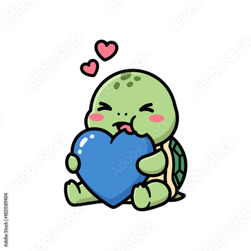 Cute turtle character holding a blue heart with love hearts above  