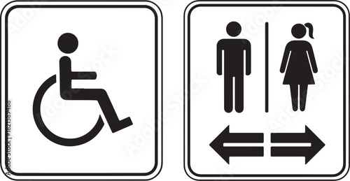 Universal public restroom and accessible toilet signs with directional arrows for navigation and information
