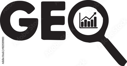 Geospatial data analysis geo text and magnifying glass with upward trending bar chart