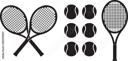 Collection of tennis equipment silhouettes including crossed rackets, a single racket, and multiple tennis balls