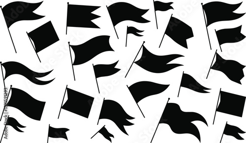 Flag silhouette collection, black flag icons, vector flag shapes, waving banners, graphic set, isolated flags, design elements, motion flags