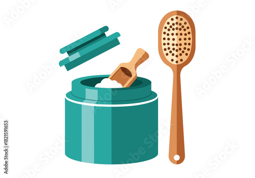Bath salt jar and wooden scoop on white background for relaxation