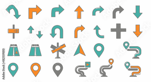 Collection of Directional Arrow and Location Pin Icons for Navigation.