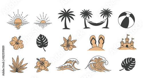 Collection of Summer Beach Themed Vector Illustrations.
