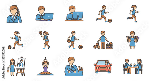 Diverse Activities and Occupations Depicted in Colorful Vector Icons.