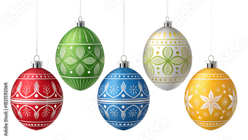 ornate Christmas ornaments, hanging, vibrant colors, intricate patterns, reflective surfaces, holiday decor, 3D render, studio lighting