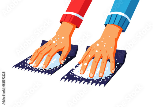 Hands clearing artificial snow with scrapers in winter season  
