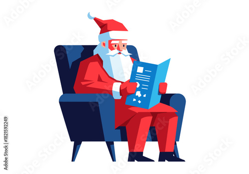 Santa Claus reading a list while sitting in an armchair at home - Concept of Christmas and New Year  