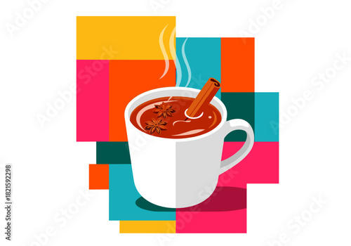 Hot cider in white mug with cinnamon stick on colorful background, Concept of Christmas and New Year  