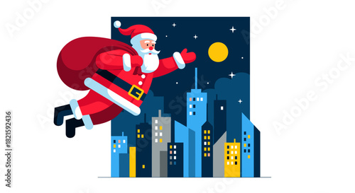Santa flying over city skyline at night for Christmas and New Year  