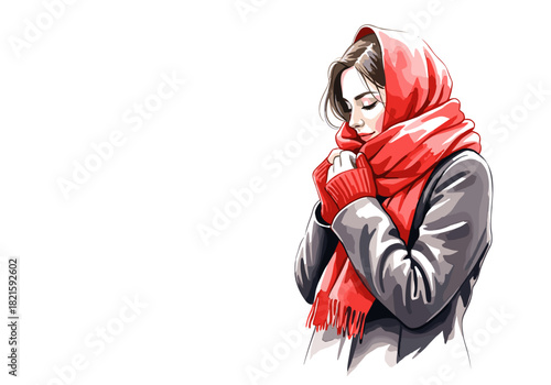 Young woman wearing a red scarf and gloves, feeling cozy in winter - Concept of Christmas and New Year  
