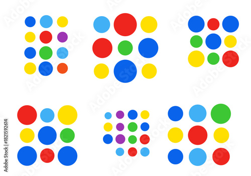 Colorful abstract dot patterns in various arrangements on white background  