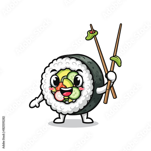Cute cartoon sushi roll character happily holding chopsticks, ready to eat, representing japanese cuisine and playful food concepts.