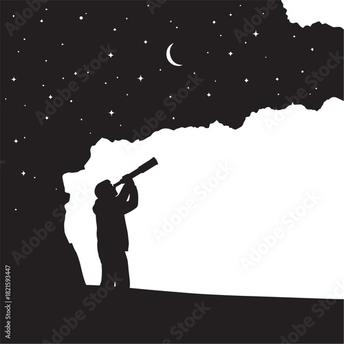Silhouette of a person with telescope looking at stars 