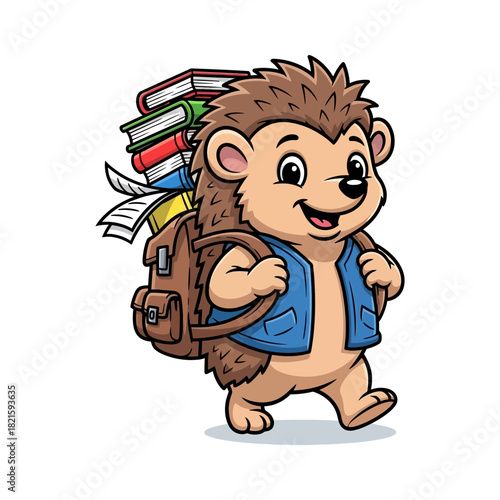 Cute cartoon hedgehog character illustration carrying an oversized backpack brimming with school books, depicting education, learning, and student life journey.