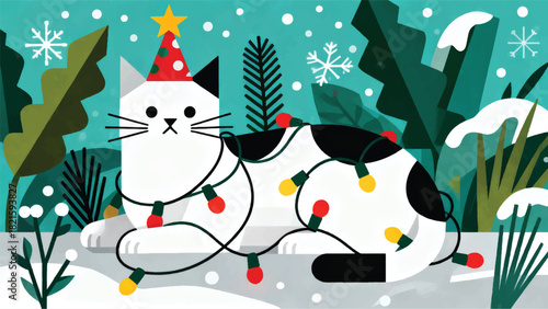 Illustration Of A Cat Wrapped In Christmas Lights With A Background Of Plants Vector Design Template