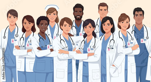Diverse group of medical professionals standing together, showcasing unity and expertise in healthcare