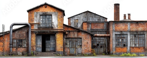 Old abandoned factory with broken windows and exposed bricks, showcasing industrial decay and fading structures