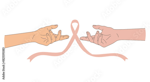 Empathetic hands reaching out, linked by a poignant pink ribbon, representing widespread breast cancer awareness, hope, and unwavering community support initiatives globally