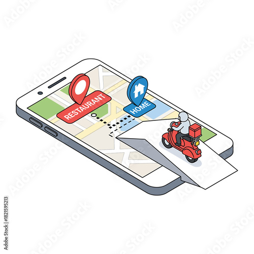 Delivery driver on scooter transports food from restaurant to home using navigation app on smartphone, showcasing modern convenience and technology.