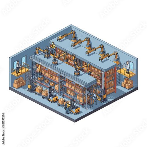 Automated warehouse uses robotic arms and forklifts to move boxes on shelves, showcasing modern logistics and efficiency in a clean, isometric style.