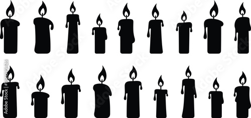 Candle silhouette collection, black candle icons, vector wax shapes, burning flame graphics, isolated clipart, decorative candle design set