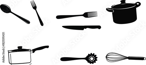 Kitchen utensils black and white silhouette for cooking and food preparation