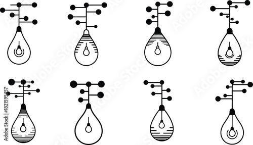 Abstract hand drawn doodle hanging light bulb icon set with complex spherical linear structure. simple decorative electric symbol outline collection for innovation and idea.