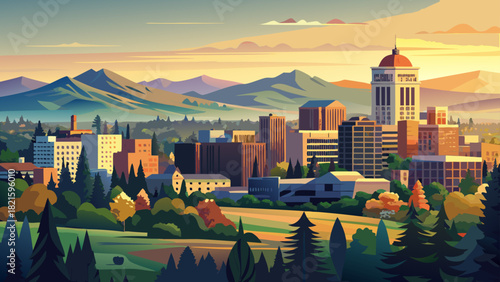 Very beautiful Eugene skyline view showcasing a balanced mix of mid-rise buildings, tree-filled neighborhoods, and distant rolling hills beneath a soft, glowing sky, captured in clean urban style.