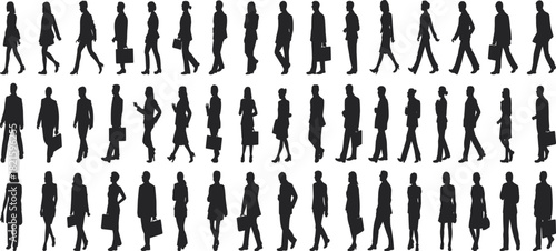 Business people silhouette set, black vector icons, professional poses, office attire, corporate clipart, workplace design elements, briefcase figures