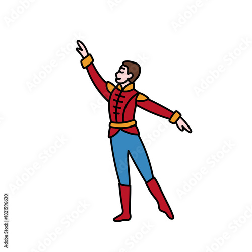 Artist of ballet. Ballet dancer. Man in in uniform, in choreographic position. Isolated vector illustration in doodle style
